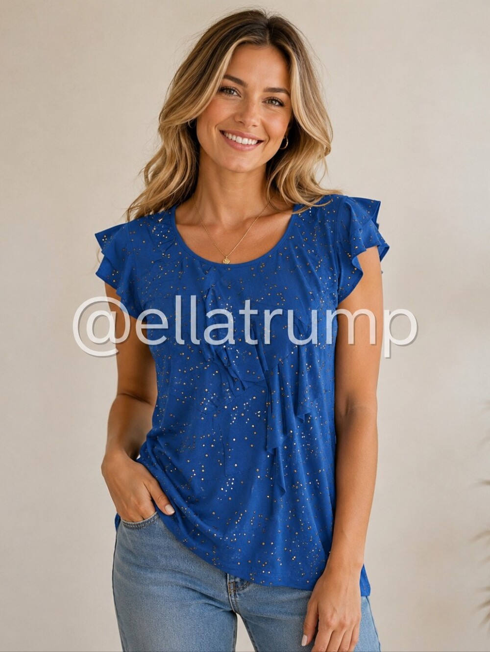 Elementz Woman 1X Blue Sparkle Ruffle Row Blouse